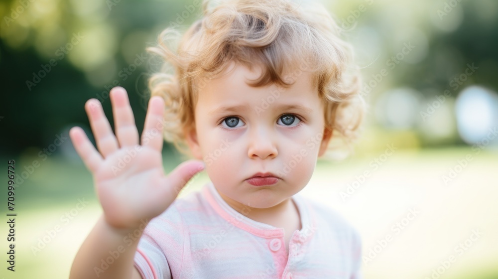 Serious child holding up hand in stop or rejection sign. Little person showing disagreement. Outdoor background. Serious child holding up hand in stop or rejection sign. Little person showing disagreement. Outdoor background.