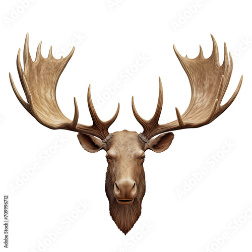 Moose head with antlers isolated on transparent background. Overlay of moose head close-up for insertion. A design element to be inserted into a design or project.