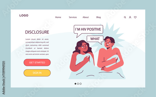 World AiDs day web banner or landing page. HIV status disclosure. Woman and and man in the bed. Immunodeficiency virus stigma break. Dangerous disease awareness. Flat vector illustration