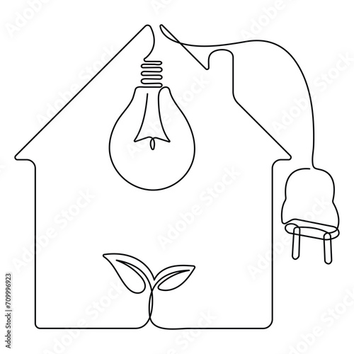  House with plug, plant and lightbulb continuous single line art drawing green energy outline concept
