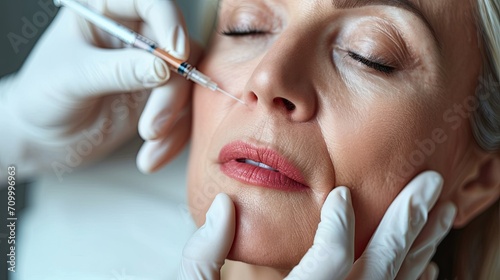 Botox injection in the face of a senior woman. Beauty and youth treatment. photo