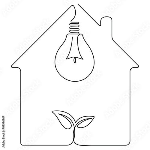  House with plug, plant and lightbulb continuous single line art drawing green energy outline concept
