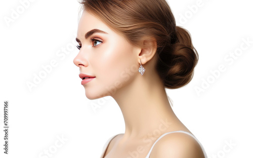 Diamond gold earrings. Portrait of woman wearing Diamond gold earrings isolated on transparent background.
