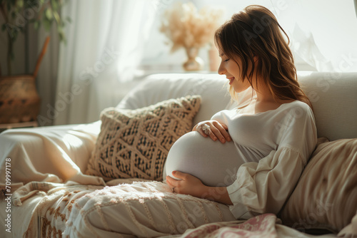 Gentle dreamy woman pregnant girl sitting on comfy couch touching belly enjoying the moment