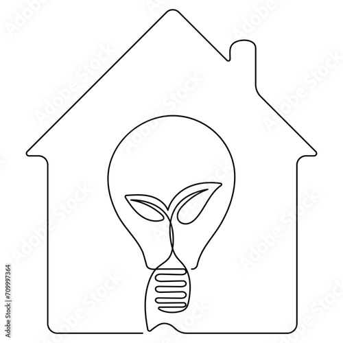  House with plug, plant and lightbulb continuous single line art drawing green energy outline concept
