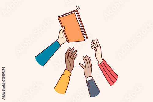 Man passes book to students holding out hands and wanting to gain new knowledge from textbook or encyclopedia. Book with literature that allows you to educate yourself and develop intellect.