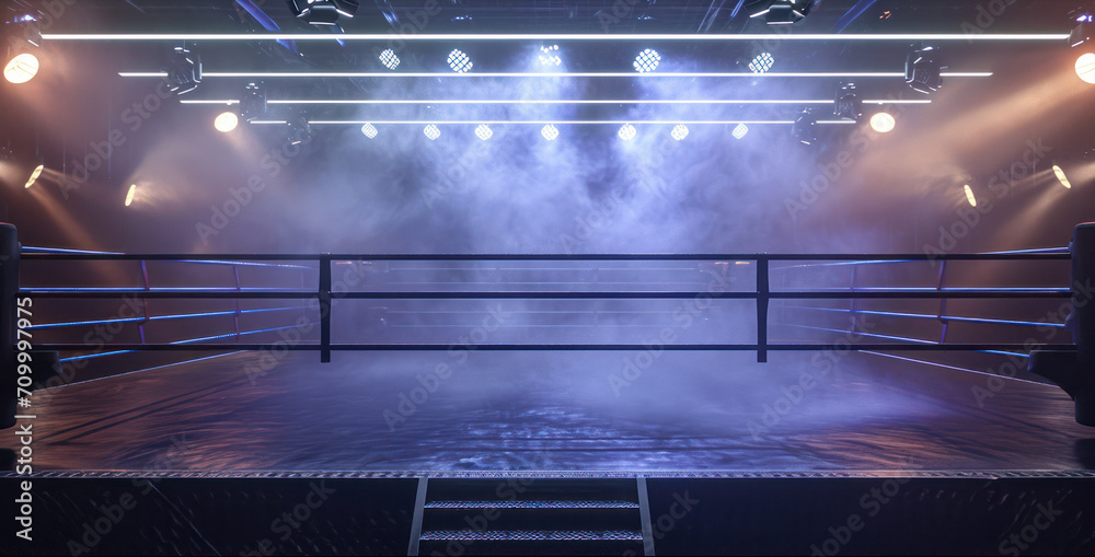 Generative AI, professional boxing ring with spotlights and smokey background, martial arts sport - obrazy, fototapety, plakaty 