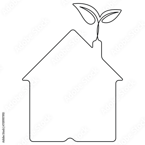  House with plug, plant and lightbulb continuous single line art drawing green energy outline concept
