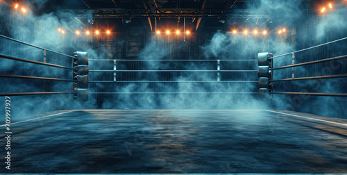 Generative AI, professional boxing ring with spotlights and smokey background, martial arts sport