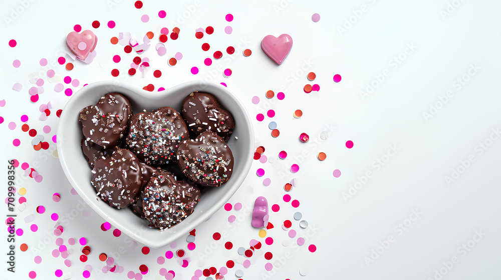 Heart-shaped saucer with confectionery cookies chocolate jelly candies and confetti isolated on a white background, Valentine's Day Concept