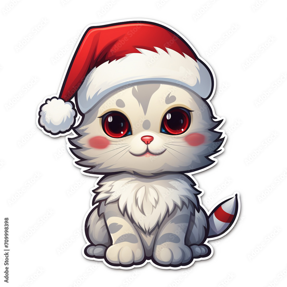 a christmas sticker of a kitten wearing santa claus hat created with Generative Ai