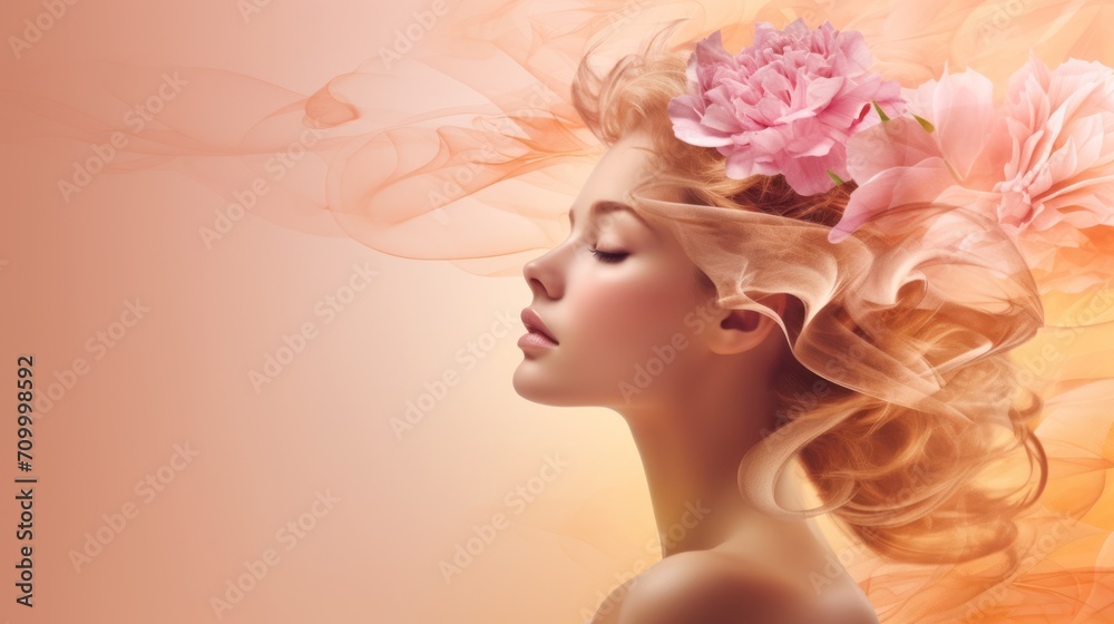 Beautiful woman with flowers in her hair. Fashion background with copyspace.