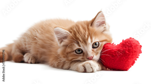 Heartwarming feline love A kitten cuddling a heart a scene of pure isolated on a white background, photo