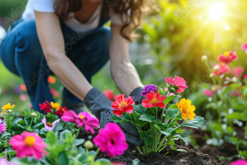 Female gardener working in a garden with flowers 