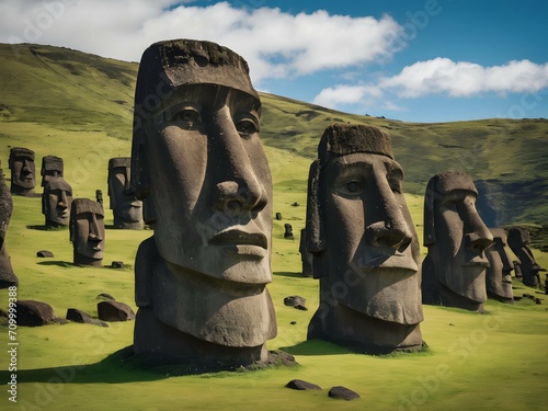 Row upon row of the enigmatic Moai statues gaze across the verdant landscape of Easter Island, a testament to the island's rich history