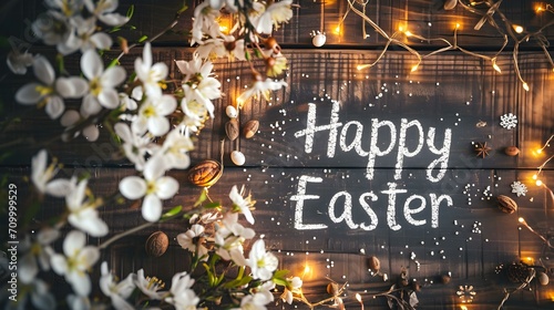 'Happy Easter' Chalk Calligraphy on a wooden Background with colorful Easter Eggs. Template for a Easter Greeting Card