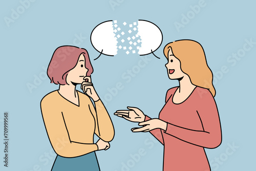 Dialogue between two women gossiping about life and sharing plans for future, standing near speech bubble. Focused woman listening to female friend during dialogue or monologue about personal goals