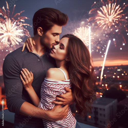 A romantic young couple back view enjoying the fireworks in the city for Saint Valentine's Day. ai generative