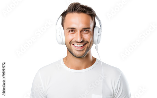 Smiling man wearing headphones and listening to music isolated on transparent background.