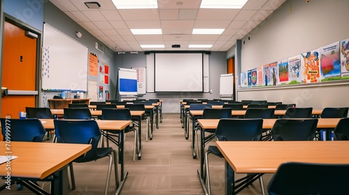 Modern Classroom with Desks and Educational Decor Ready for Learning