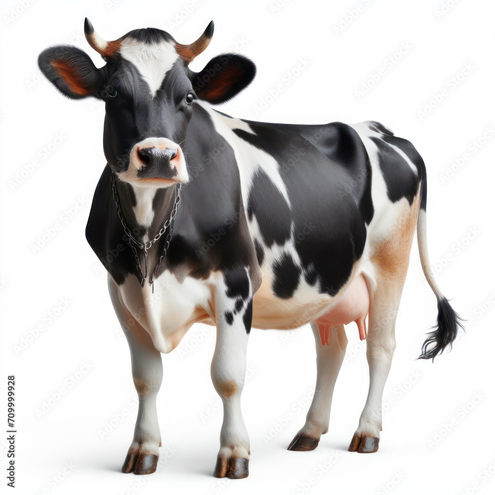 Beautiful cow is standing isolated on white background. ai generative