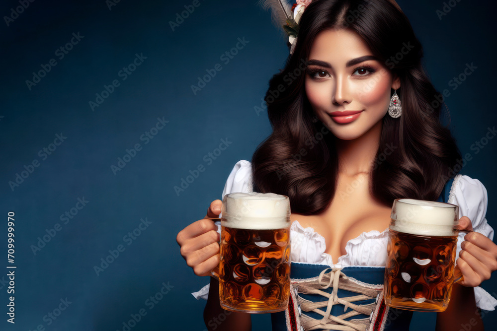 Beautiful woman in traditional Bavarian costume with big mugs of cold beer on solid dark blue background. ai generative Beautiful woman in traditional Bavarian costume with big mugs of cold beer on solid dark blue background. ai generative