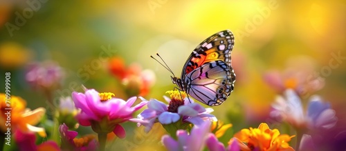Gorgeous butterflies gracefully flutter on colorful flowers, embraced by nature's beauty. © AkuAku