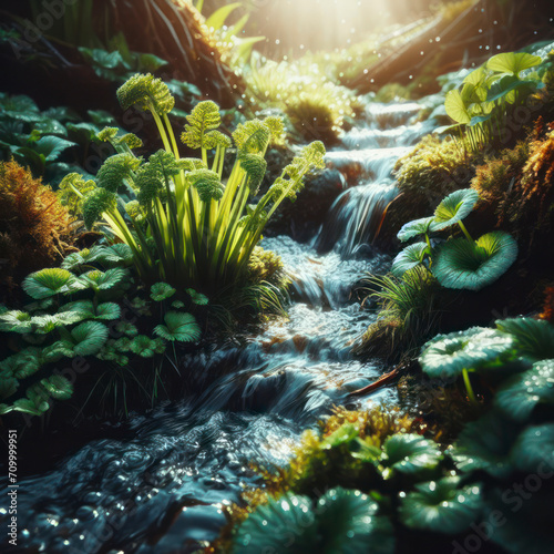 Beautiful spring detailed close up stream of fresh water with young green plants. ai generative