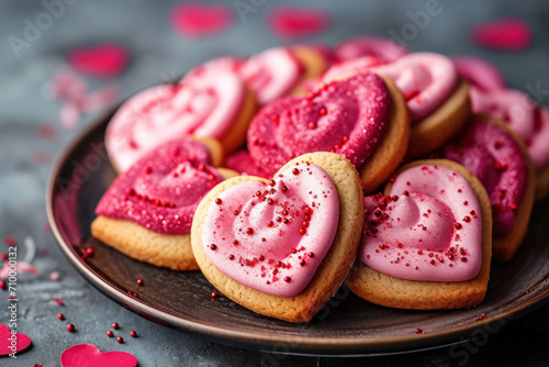 Heart shaped sugar cookies with pink icing on a table 