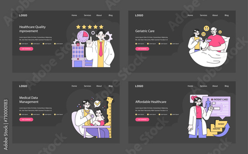 Health Services Website set. Prioritizing top-rated care, managing patient data, ensuring senior comfort, affordable options. Flat vector illustration.