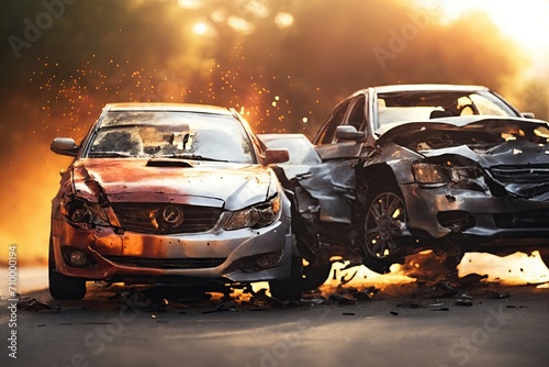 back view two Cars accident violently facing each other. ai generative © Ольга Лукьяненко