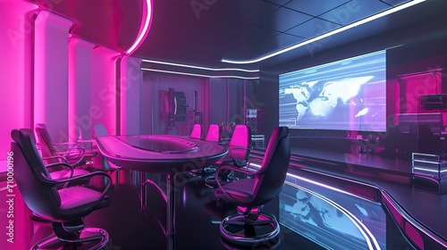 High-Tech Conference Room with Futuristic Neon Lighting and Advanced Presentation System
