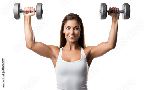 Smiling woman performing bicep curls with free weight isolated on transparent background.