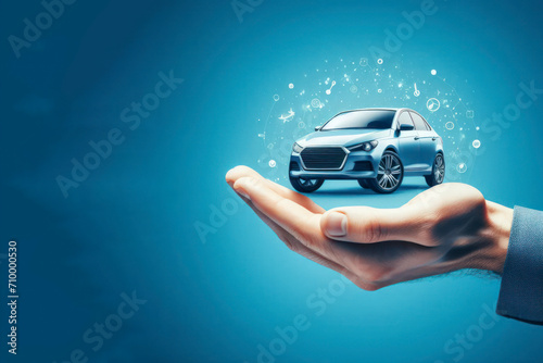 hand holding car on blue background. ai generative