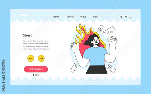 Neurosis web banner or landing page. Chronic stress and anxiety. Stressed angry female character burning with flame. Professional burnout, breakdown and psychological tension. Flat vector illustration