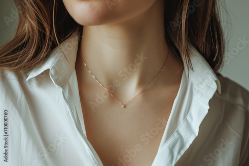 Woman wearing a minimalistic necklace with small diamond 