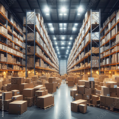 large warehouse with card boxes products goods stock factory inventory storage area for background. ai generative photo