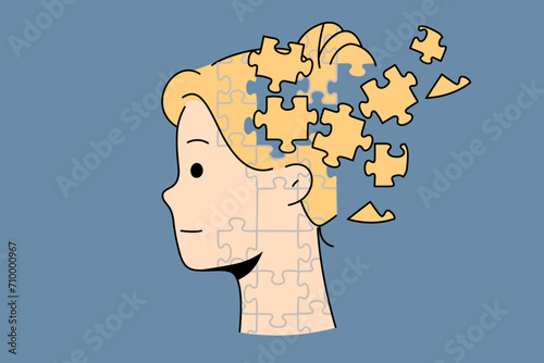 Psychological concept with woman from mosaic coming together into one whole, as metaphor for mental health. Girl recovering from psychological illness, gaining confidence and motivation