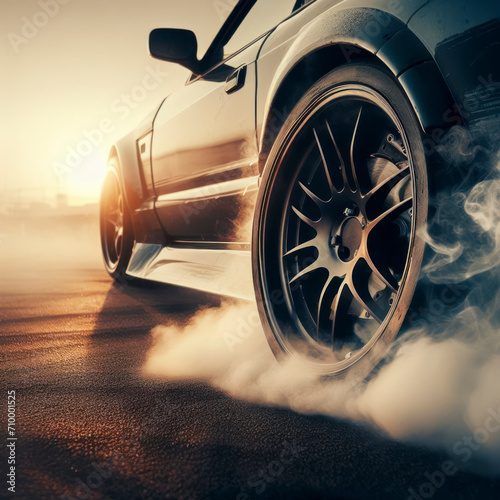 drifting car wheels closeup, Sports car racing on the race track. ai generative © Ольга Лукьяненко