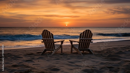 Beautiful relaxing sunset beach with two chair set up image Ai generated art © Indronath