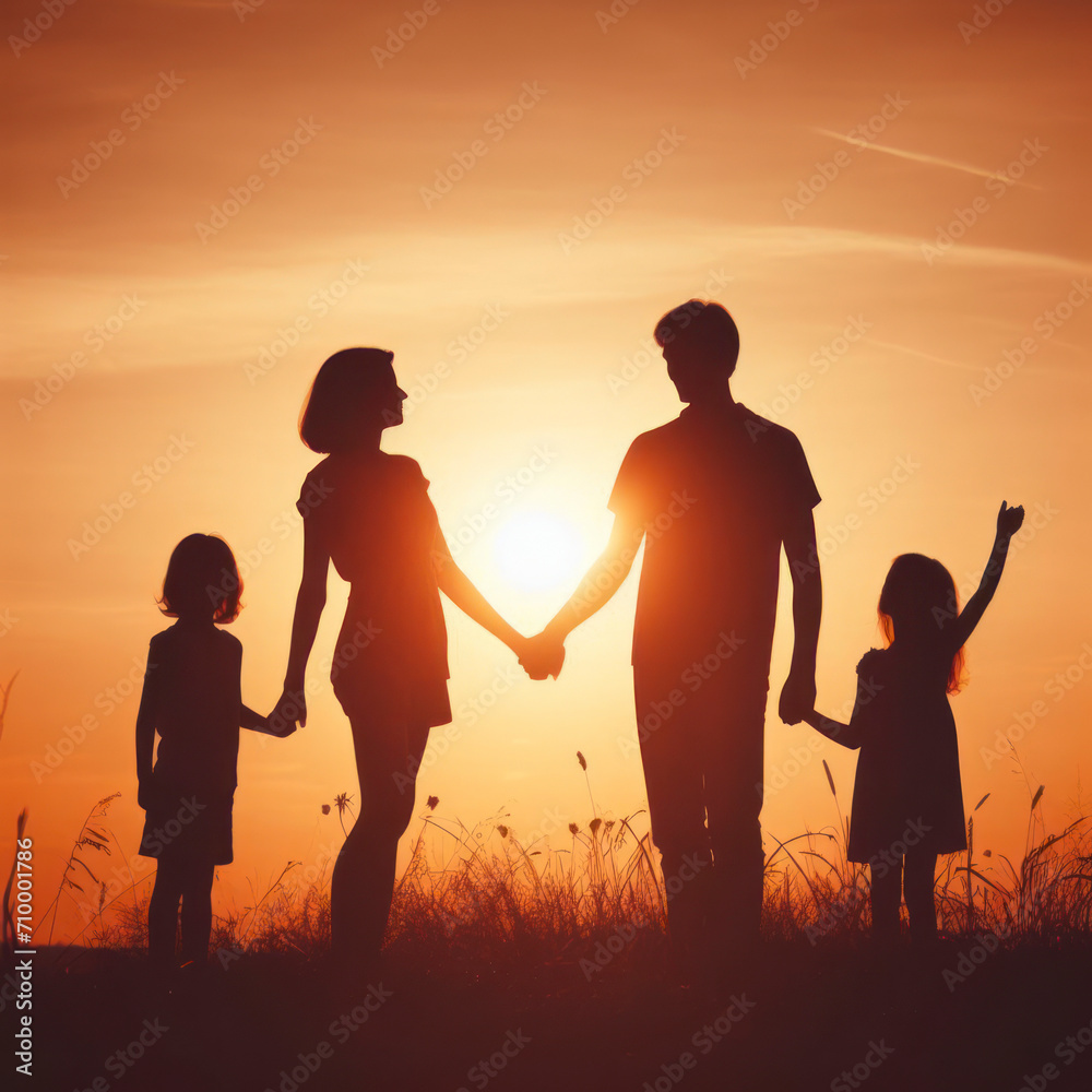 silhouette of a happy family with children on nature sun set. ai generative