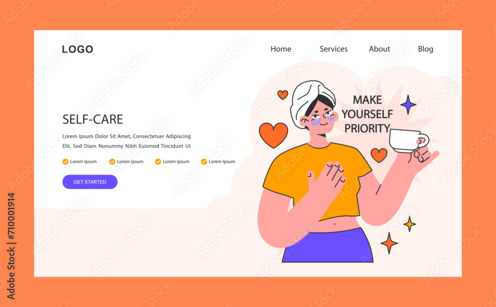 Self-care web banner or landing page. Woman with a cup of tea. Personal well-being focus. Emotional balance. Mindfulness practice and mental health awareness. Flat vector illustration