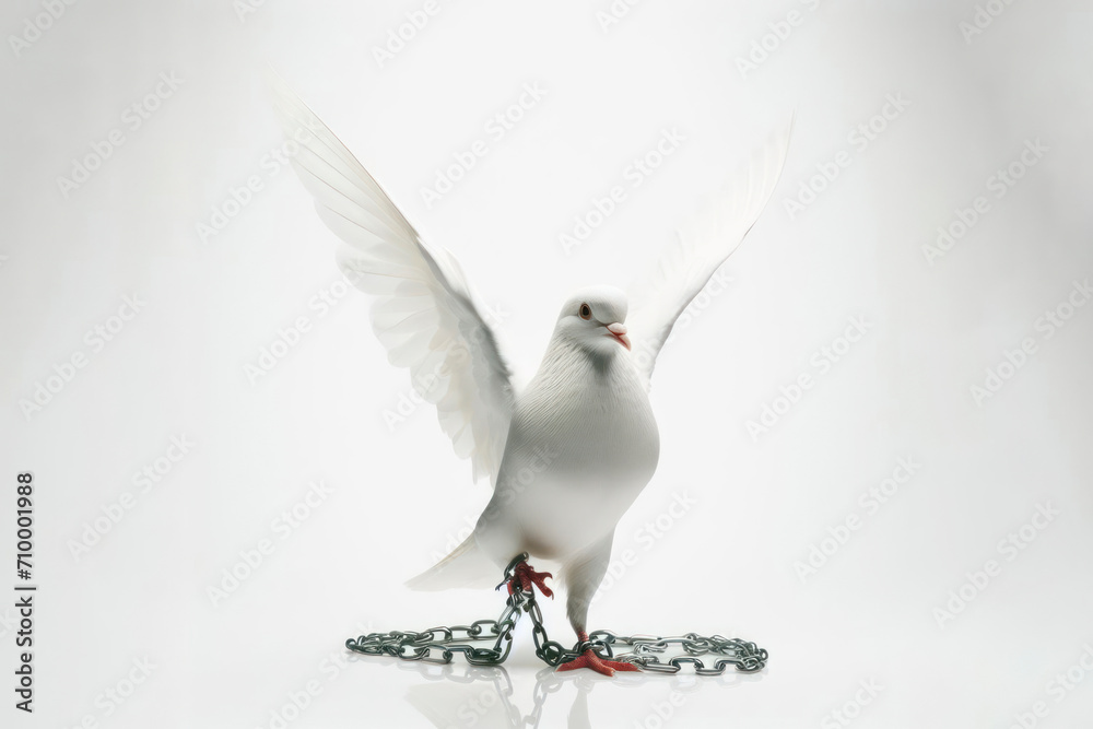 Fototapeta premium White dove chained to its paw on a white background. ai generative