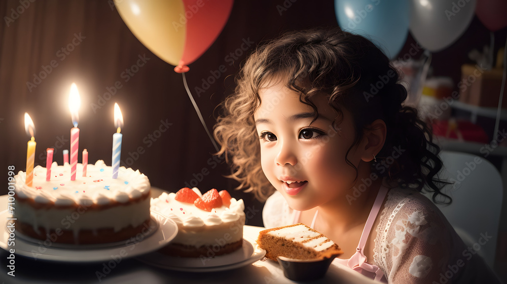 Cake, cupcake with colorful candle and beautiful birthday decoration