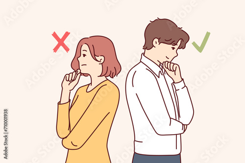 Man and woman with opposing opinions stand with backs to each other and ponder arguments for dispute. Couple with opposing thoughts located near cross or check mark symbolizing differences of opinion