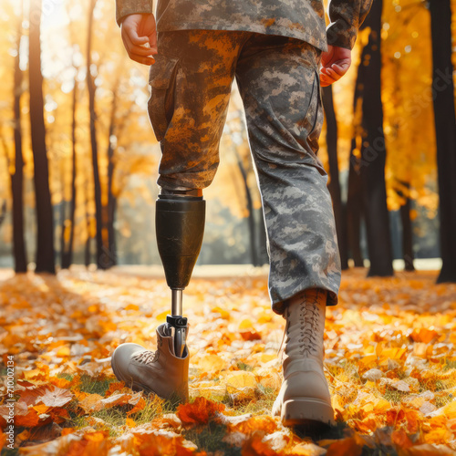 military man with prosthetic leg on autumn background. ai generative