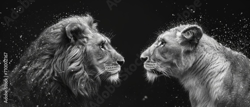 Realistic black and white photography of adorable lion couple in the savannah. photo