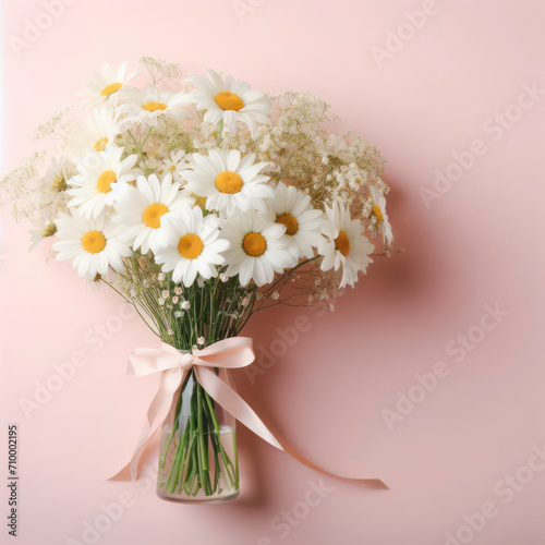 A chamomile bouquet on a pastel pink background. Mother's Day concept. ai generative