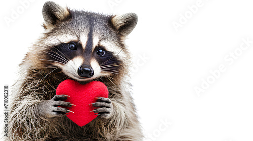 A raccoon holding a red heart isolated on a white background, Valentine's Day Concept © MONWARA