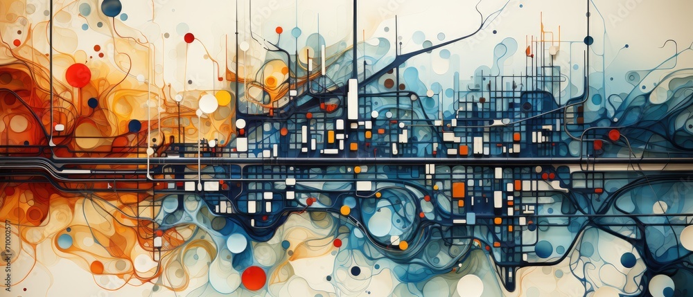 Obraz premium a city map made of many different squares, in the style of bold outlines, flat colors, teal and red, american urbanism, organic, fluid lines, grid, cool color palette, meticulous lines